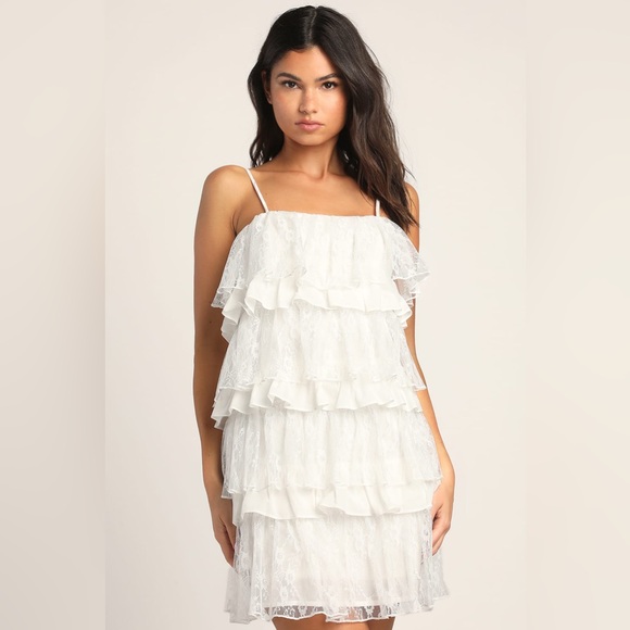Lulus Layer On the Love White Tiered Lace Sleeveless Mini Dress - Picture 3 of 11